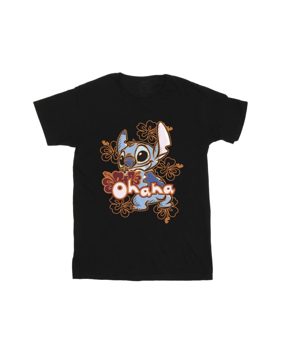 Disney Mens Lilo And Stitch Ohana Orange Hibiscus T-Shirt - Black