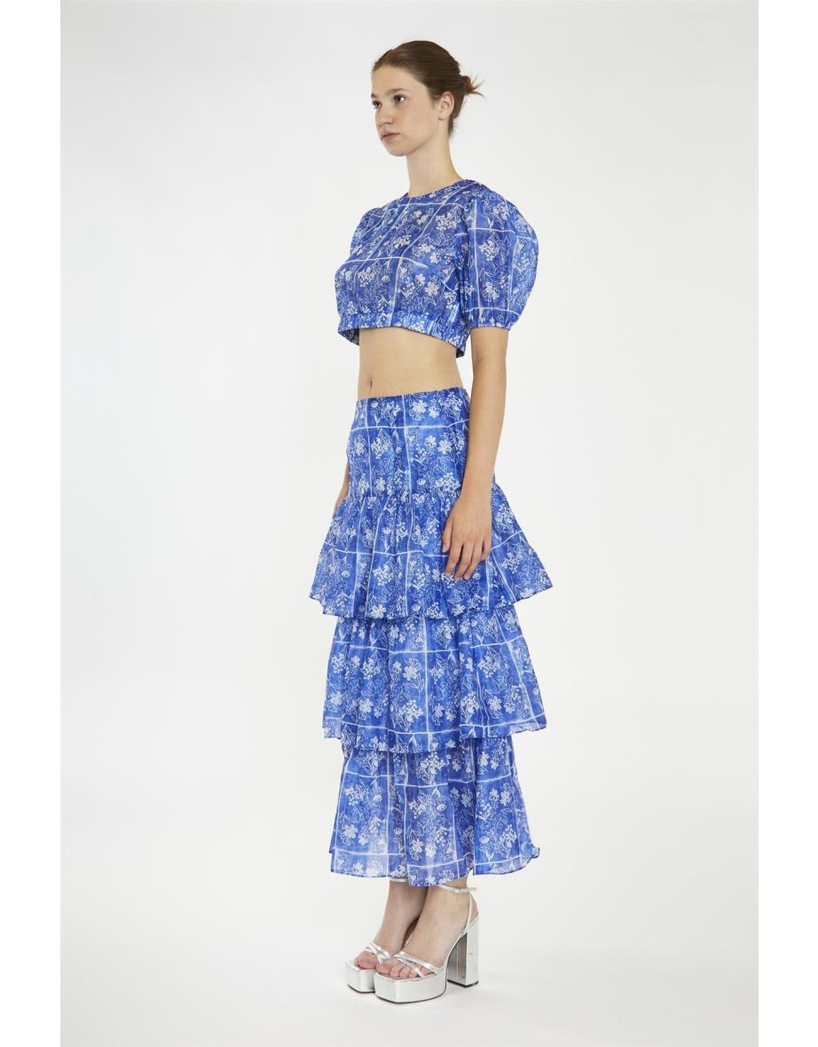 Blue-Tile Organza Tiered Ruffle Midaxi-Skirt - 3