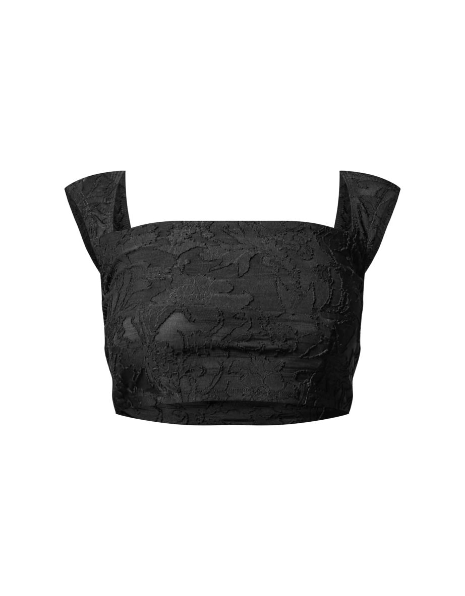 Black Floral Sheer Burnout Square Neck Short Sleeve Crop Top - 4