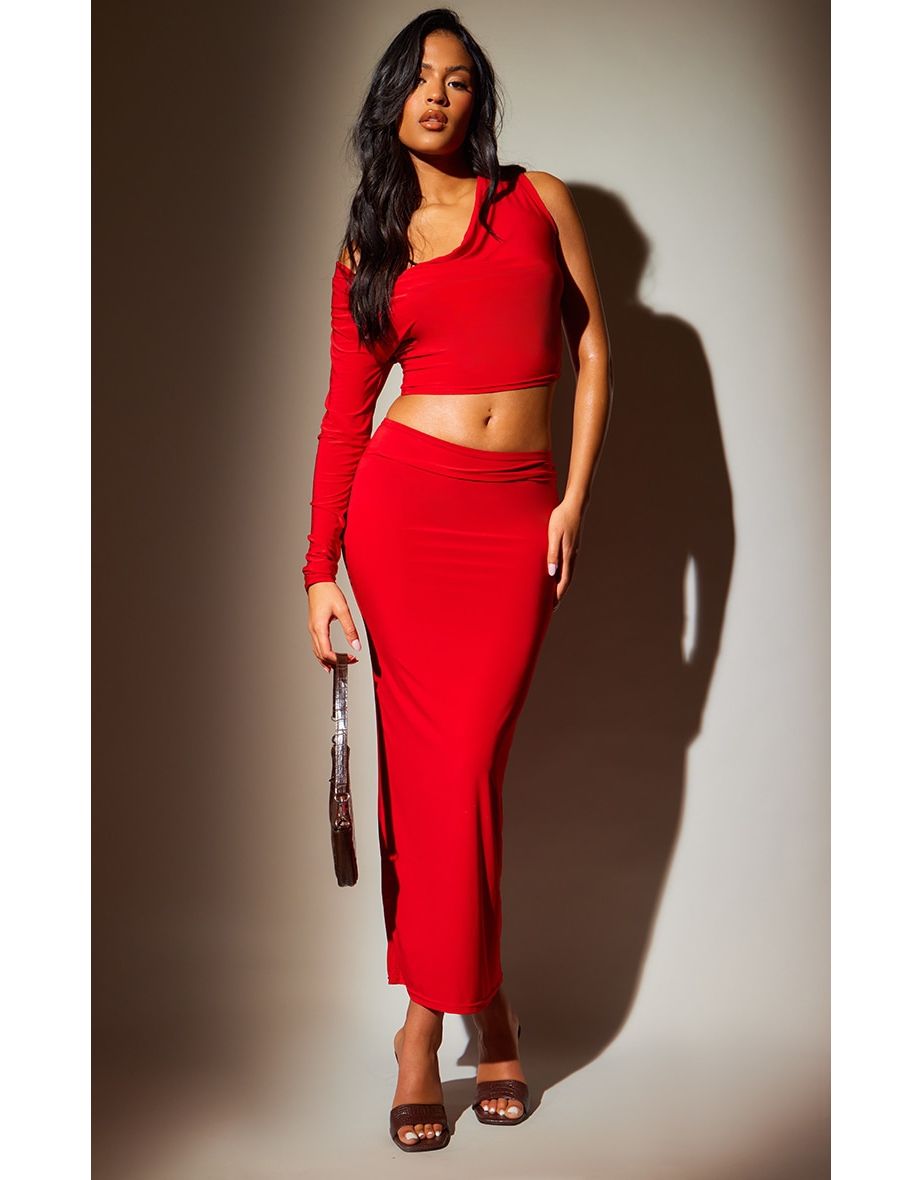 Tall Red Slinky One Sleeve Cowl Neck Top