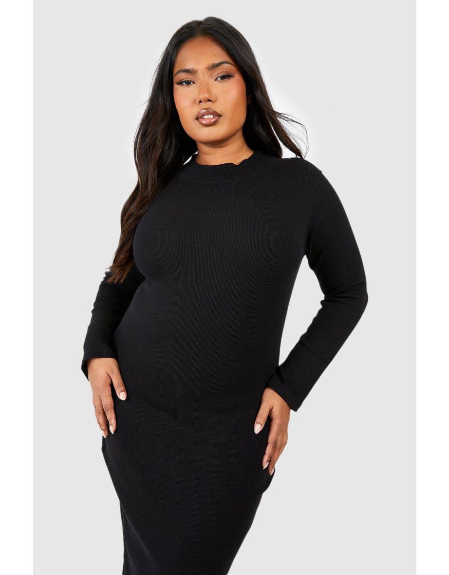 Plus Funnel Neck Rib Long Sleeve Midi Dress - 3