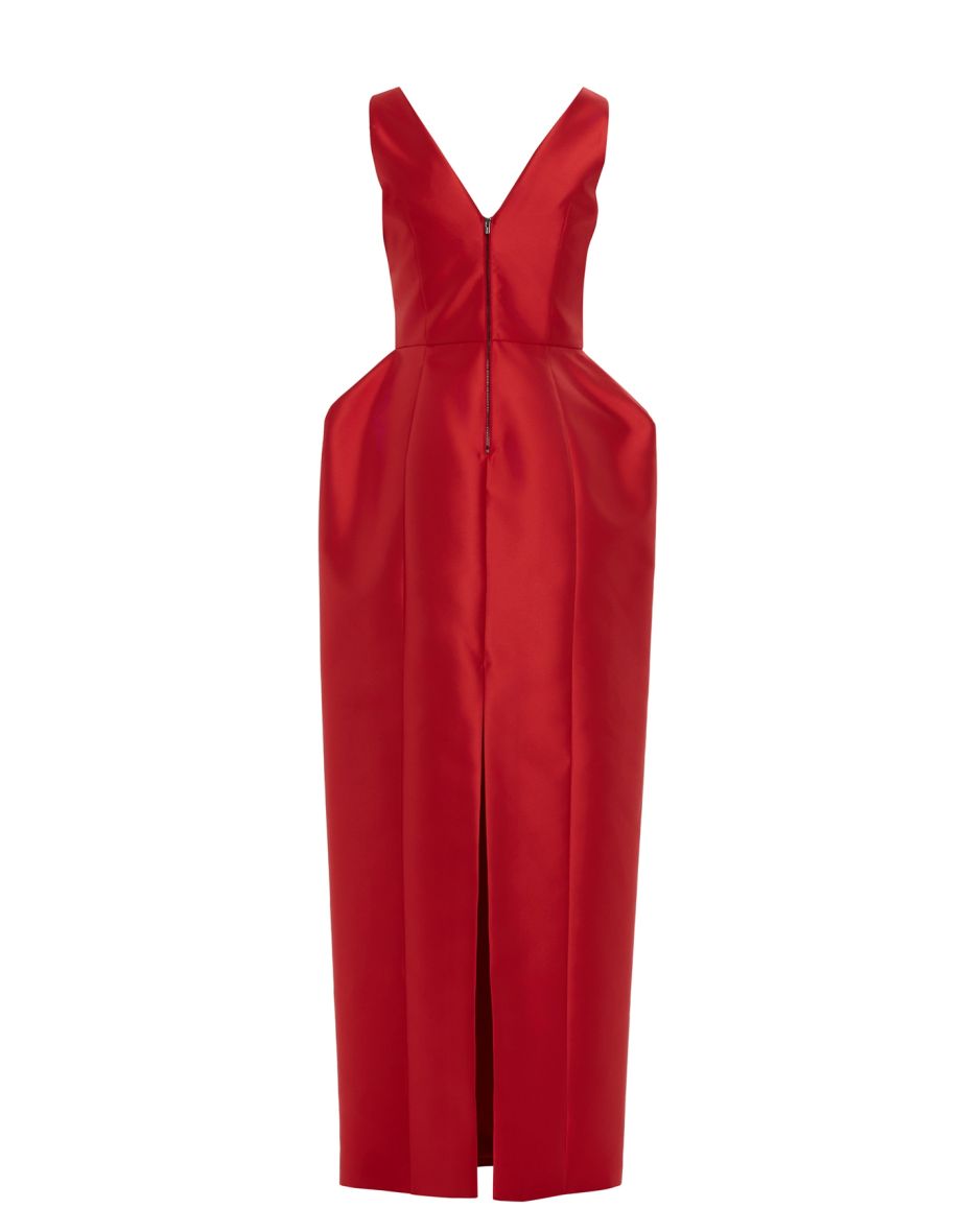 Fitted Waist Seam-Boned Mid-Slit Lined Long Red Dress - 2