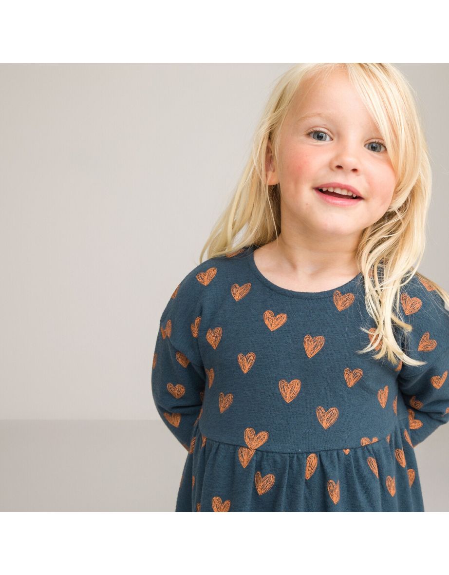 Heart Print Cotton Dress with Long Sleeves - 4
