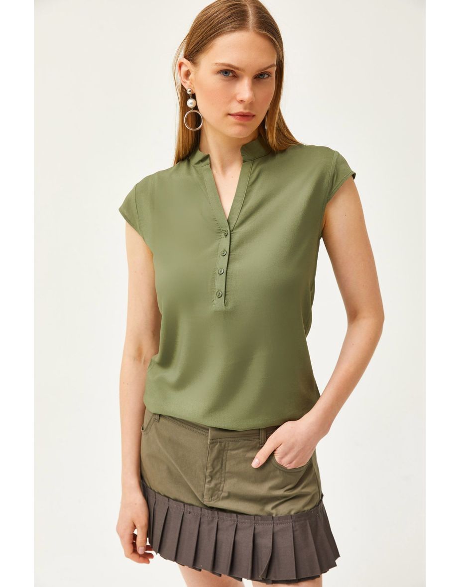 Women's Khaki V-Neck 4-Button Viscose Blouse