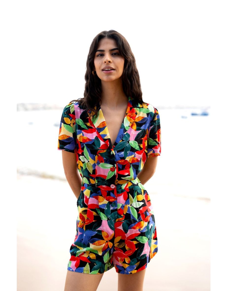 Yumi Multicolour Tropical Leaf Print Playsuit