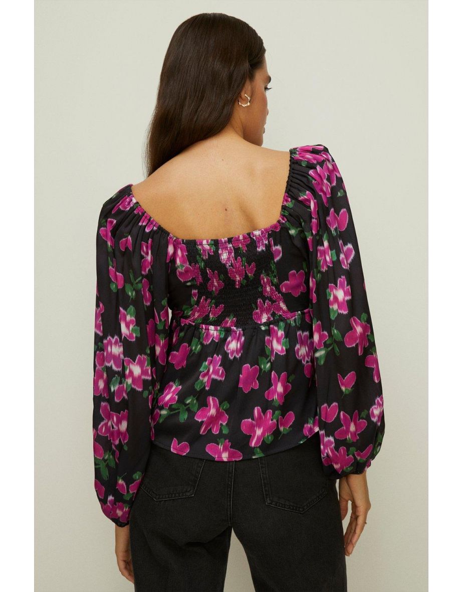 Dobby Satin Floral Tie Front Top - 2