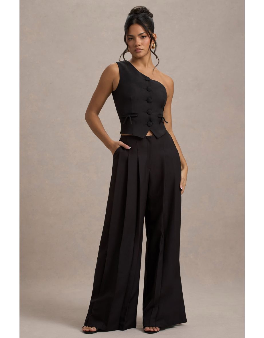 Galilea | Black Plisse Wide-Leg Trousers