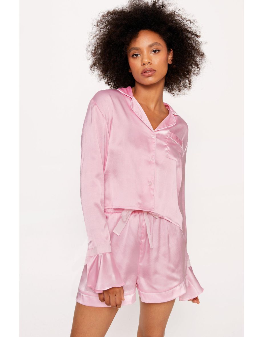 Satin Contrast Velvet Tie Cuff Pajama Shirt and Pants Set
