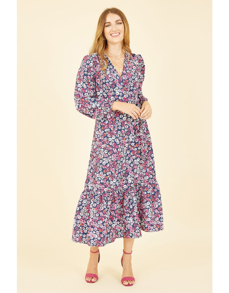 Yumi Pink Daisy Print Wrap Midi Dress With Long Sleeves - 4
