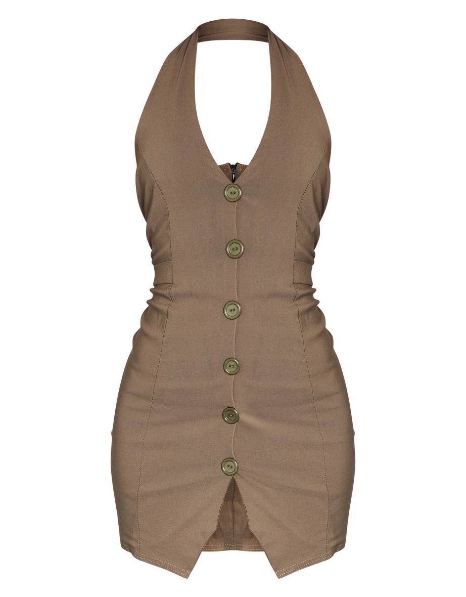 Khaki Stretch Woven Halterneck Button Up Bodycon Dress - 4