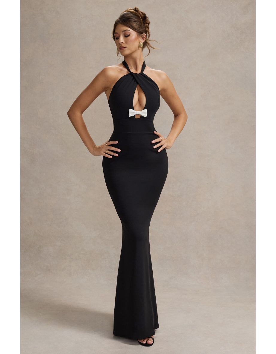 Raelynn | Black Halter-Neck Cut-Out Maxi Dress With Bow - 5