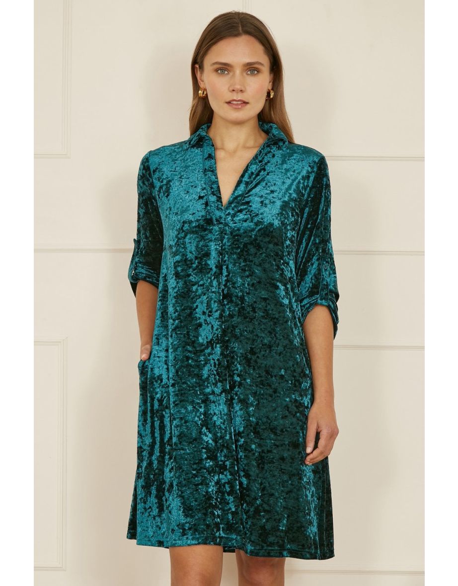 Yumi Green Velvet Tunic Dress With 3/4 Sleeves