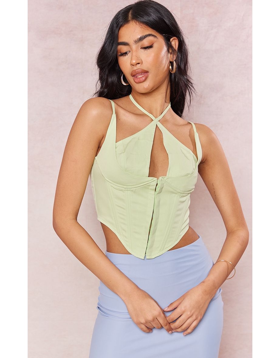 Pistachio Woven Hook And Eye Halter Neck Corset