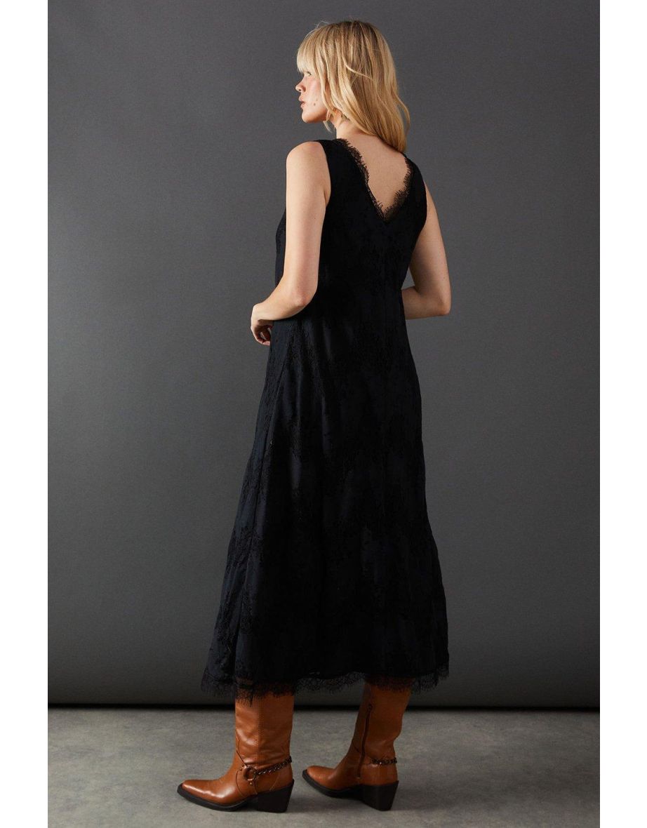 Lace Burnout V Neck Trapeze Midi Dress - 3