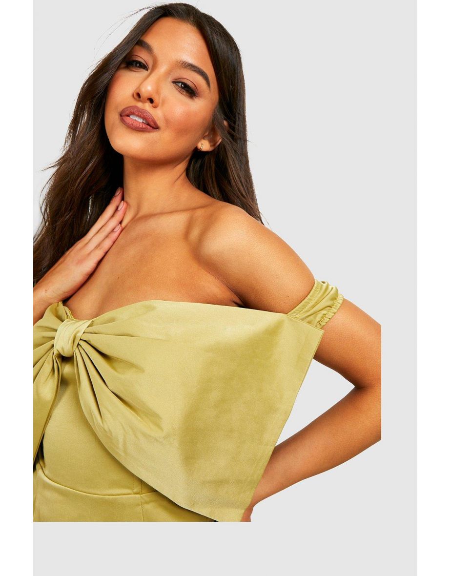 Off The Shoulder Bow Satin Midi Dress - chartreuse - 3