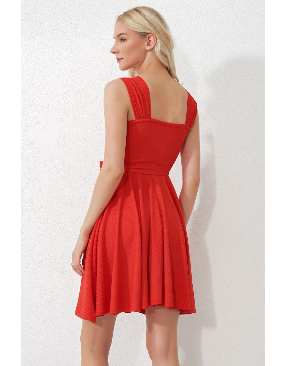 Women's Coral Thick Strappy Skirt Flounce Tied Belted Dress - 4