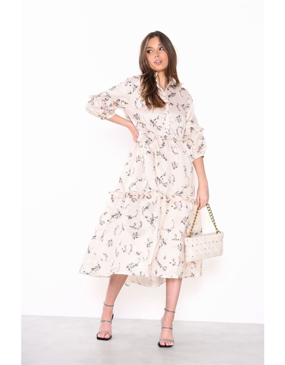 Cream Dainty Floral Long Sleeve Puff Button Up Midi Dress - 3