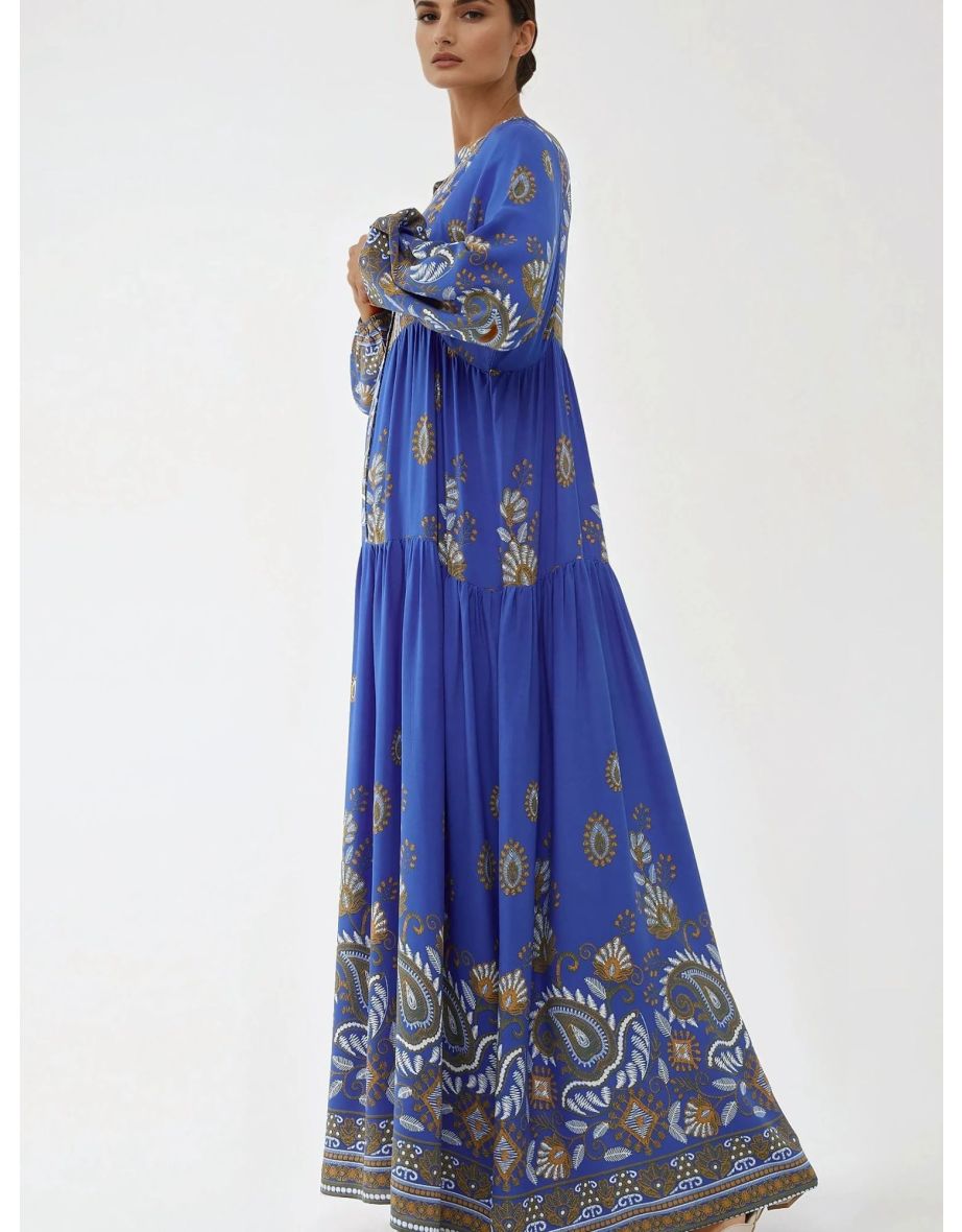 Blue Floral A-Line Maxi Smock Dress with Long Sleeve - 5