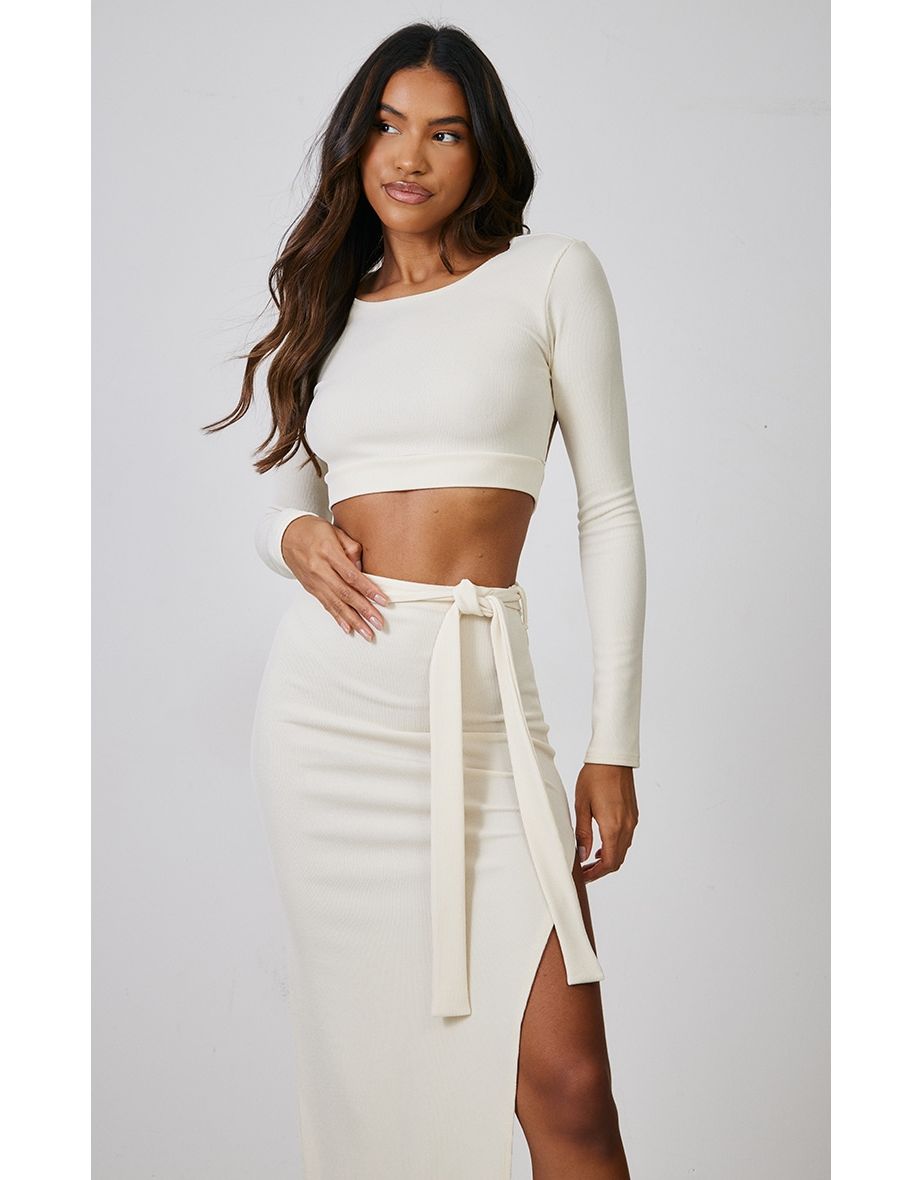 Beige Stretch Rib Long Sleeve Open Back Crop Top