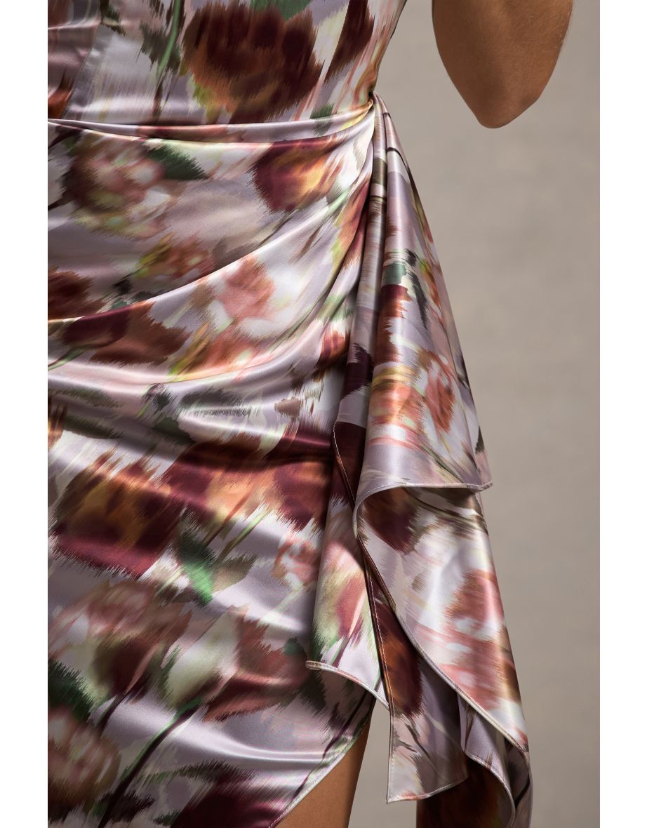 Axel | Cream Floral Print Satin Strapless Wrap Midi Dress - 6