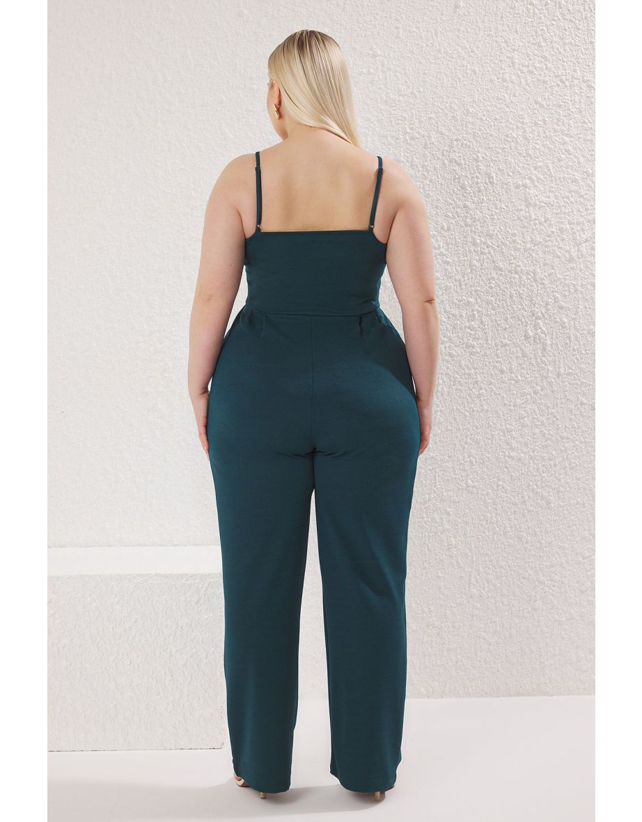 Emerald Green Strappy Knitted Plus Size Jumpsuit - 3
