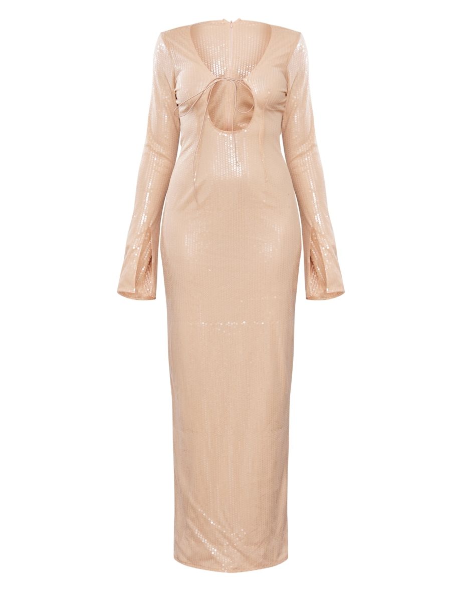Tall Nude Long Sleeve Sequin Maxi Dress - 4