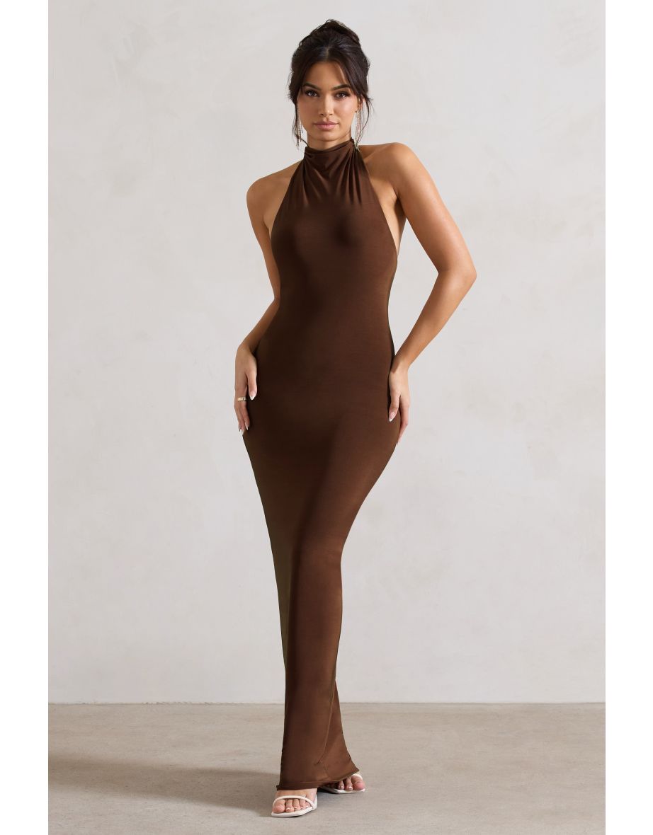 Larisa | Dark Brown Cowl Halter-Neck Maxi Dress With Back Detail
