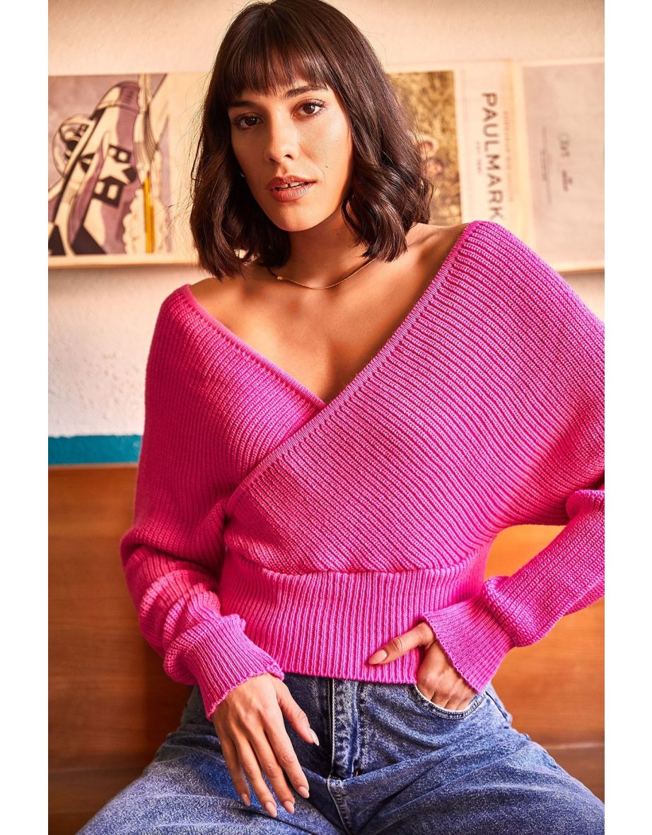 Women's Fuchsia Front Back Double Breasted Waist Top Crop Knitwear Sweater - 5