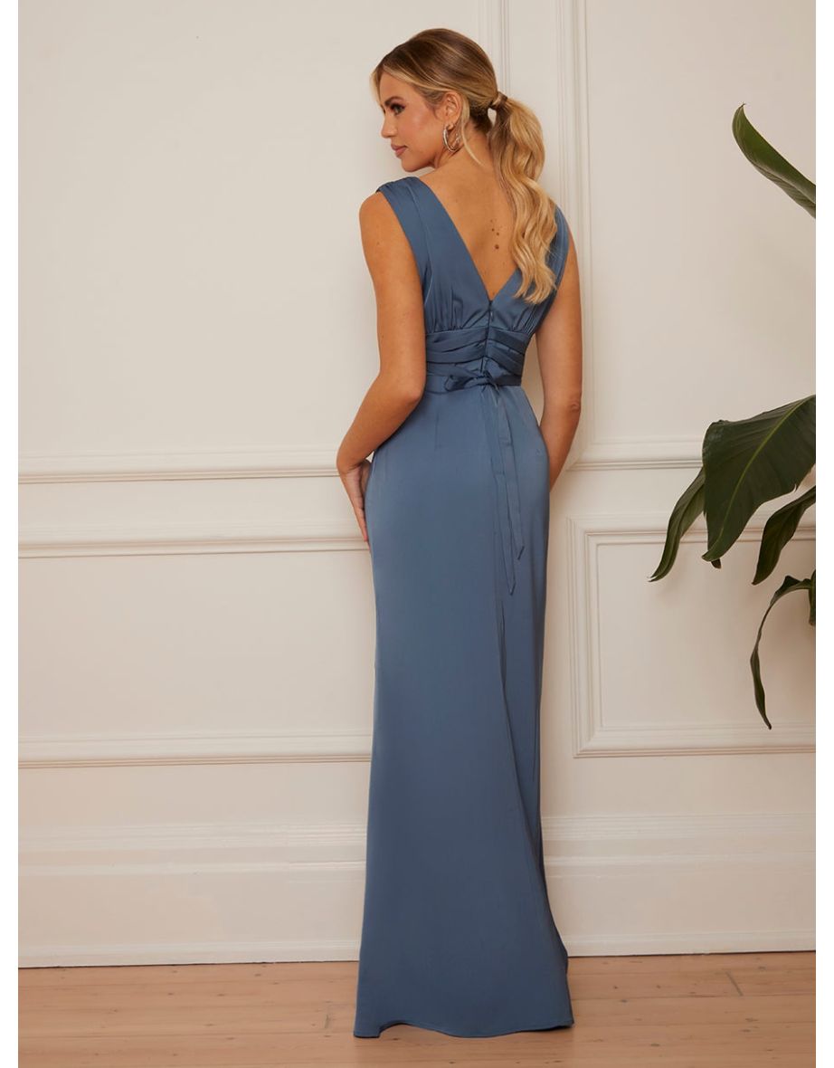 Sleeveless V Neck Satin Dress in Blue - 3