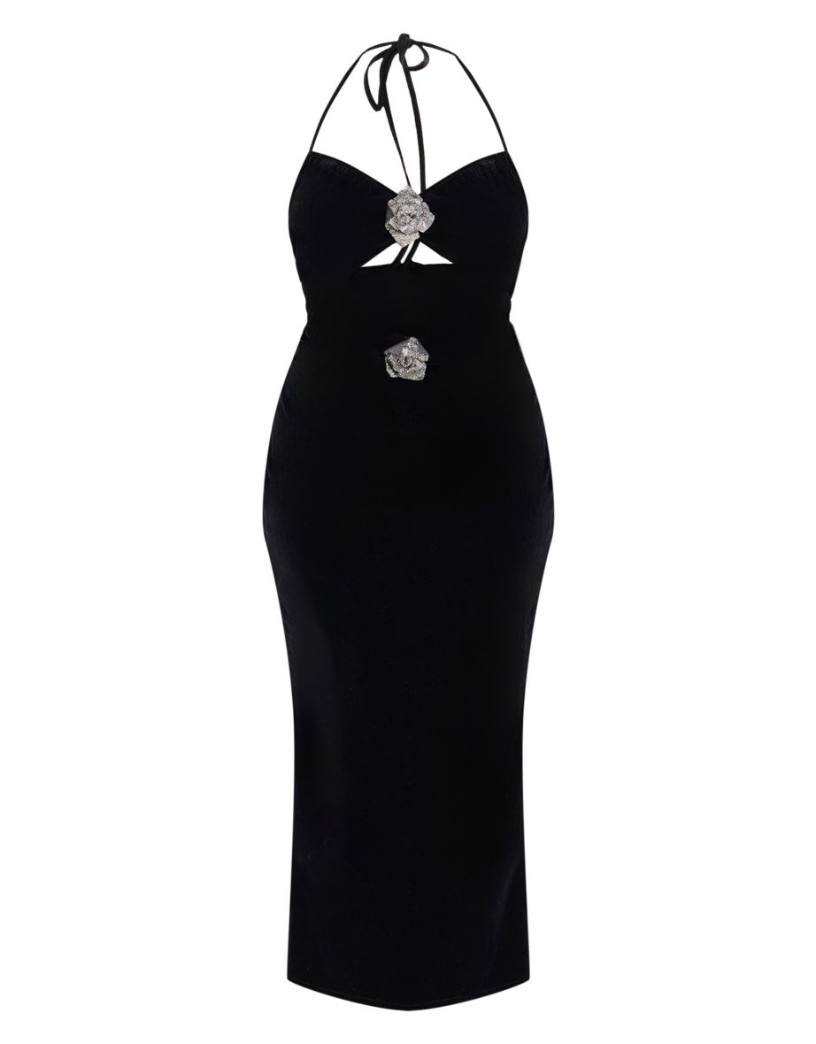 Plus Black Corsage Detail Cut Out Velvet Dress - 4