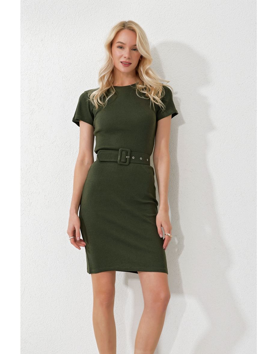 Women's Khaki Crew Neck Belted Short Sleeve Camisole Dress
