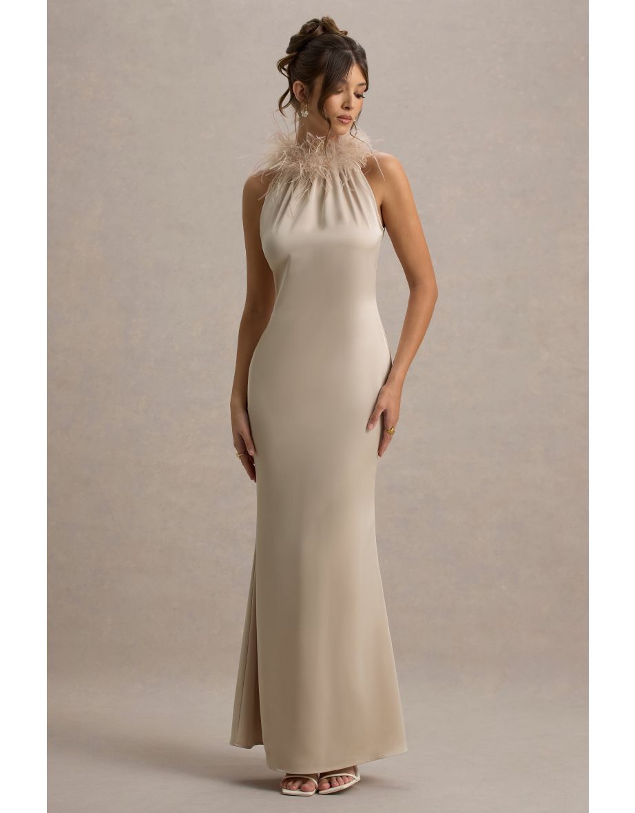 Bianca | Champagne Satin Feather-Trim Maxi Dress