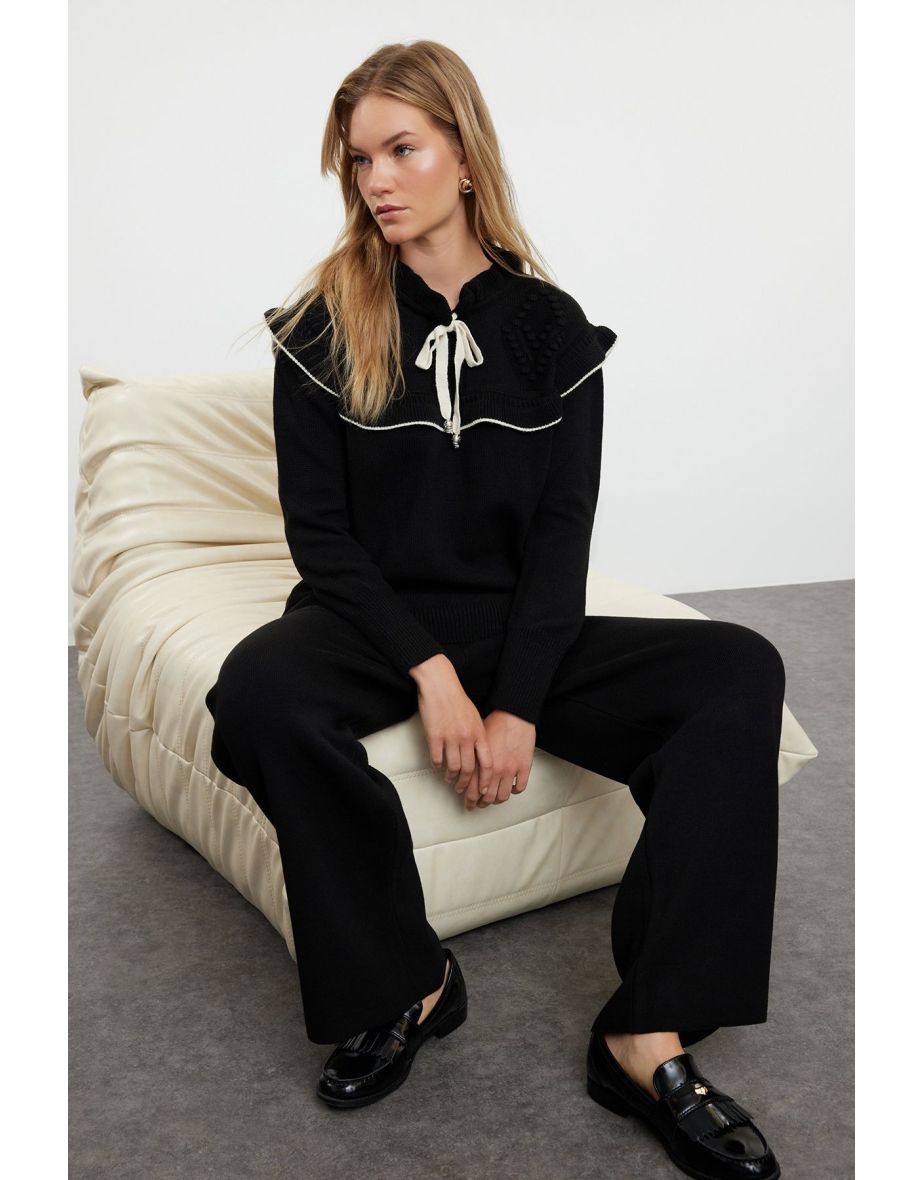 Black Ecru Piping Collar Detailed Knitwear Bottom-Top Set - 6