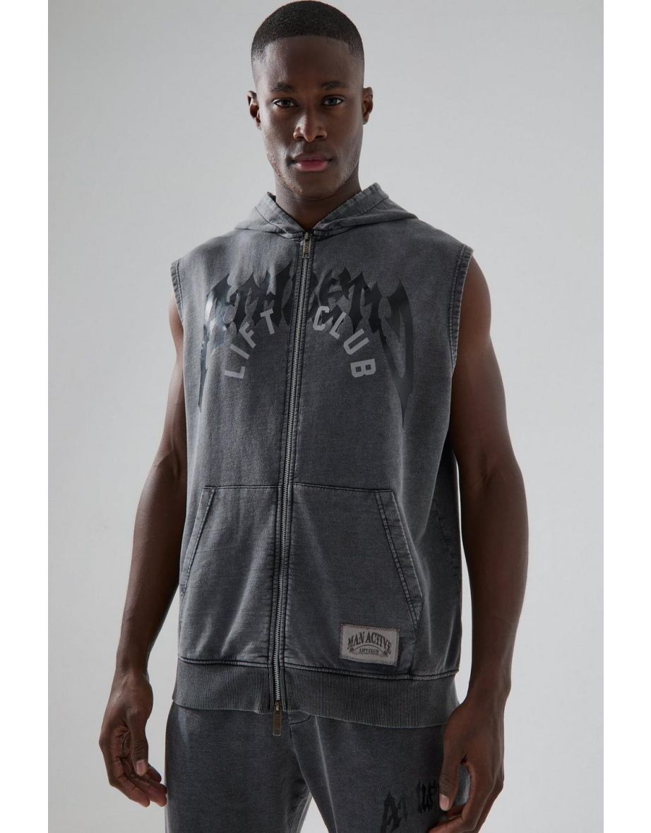 Man Active Oversized Washed Sleeveless Hoodie - black - 2