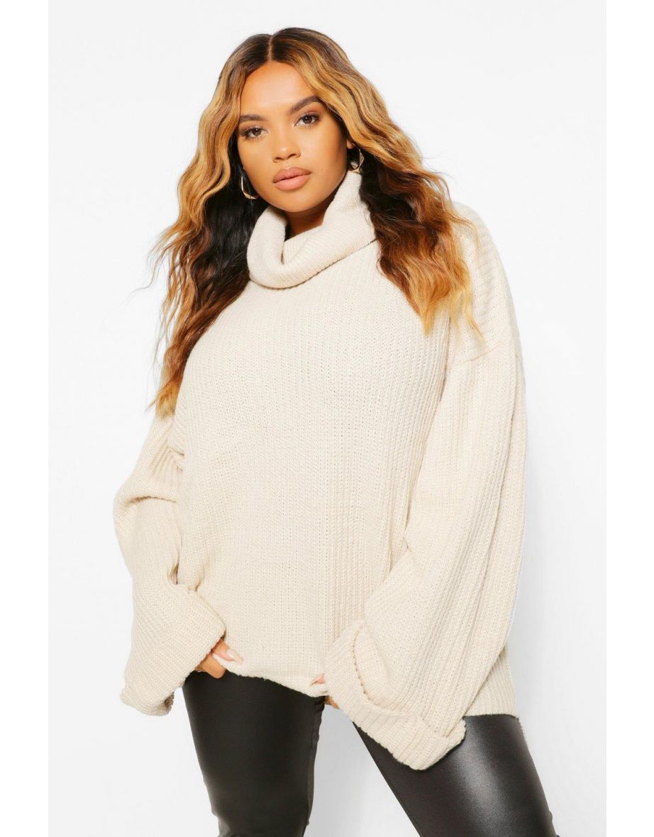 Plus Chunky Roll Neck Oversized Jumper - oatmeal