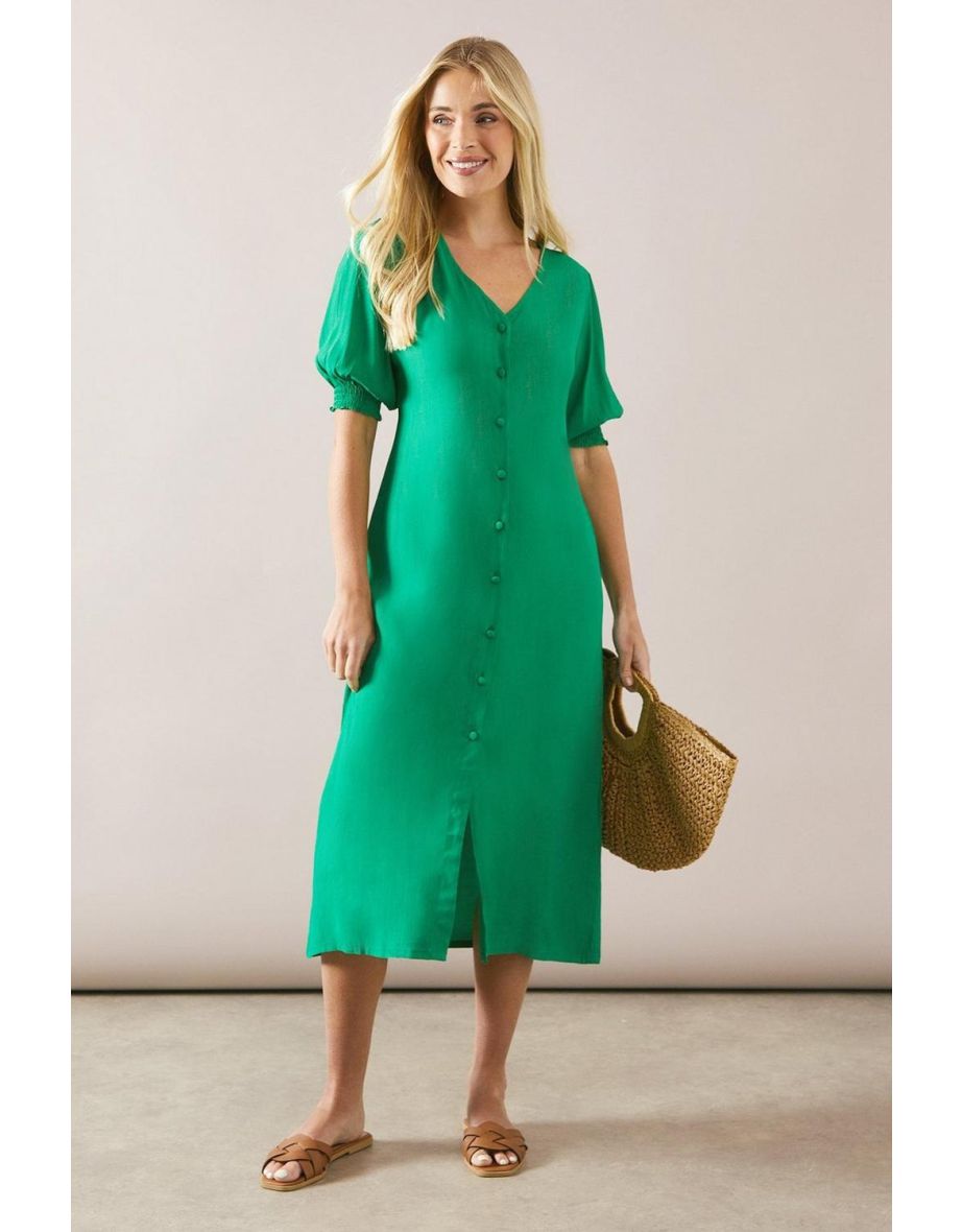 Petite Green Button Through Viscose Midi Dress