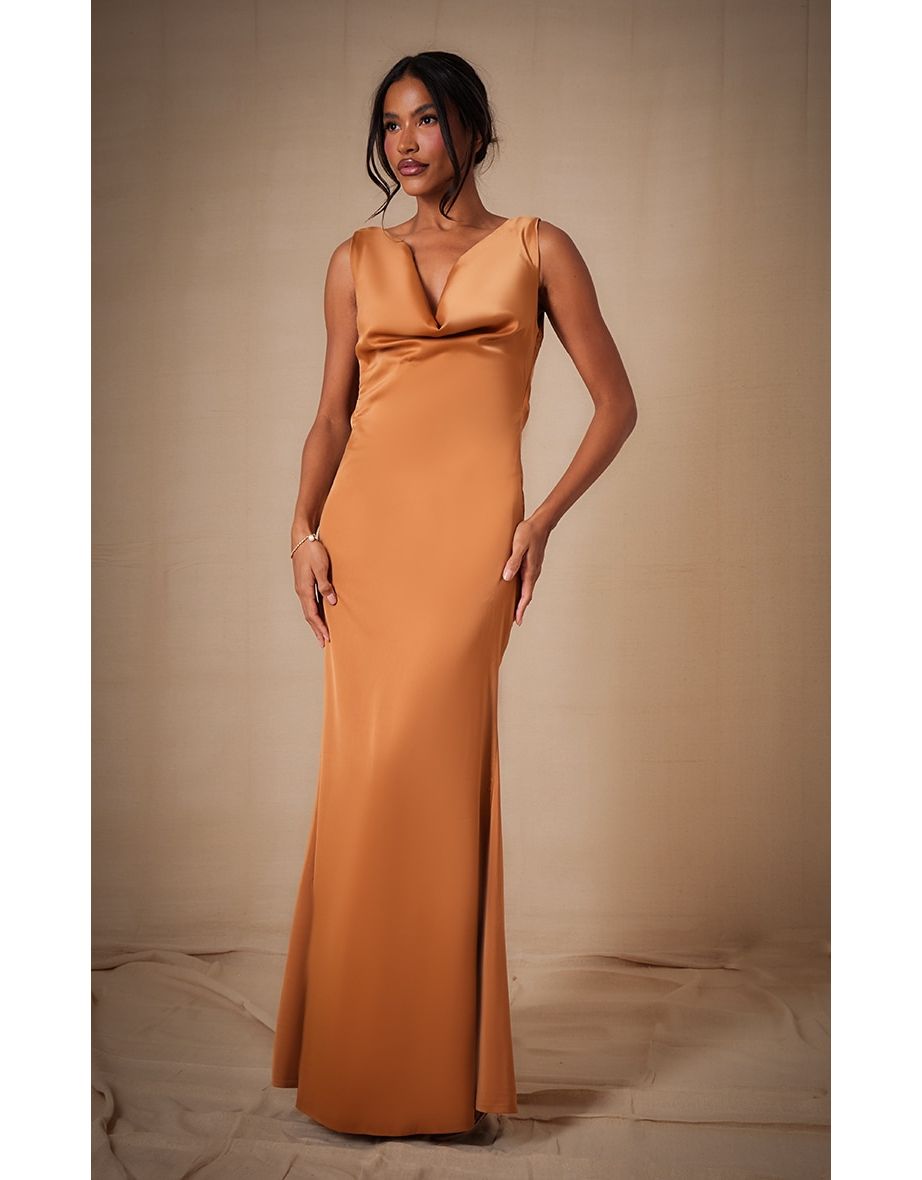 Copper Bridesmaid Satin Bandeau Cowl Back Maxi Dress
