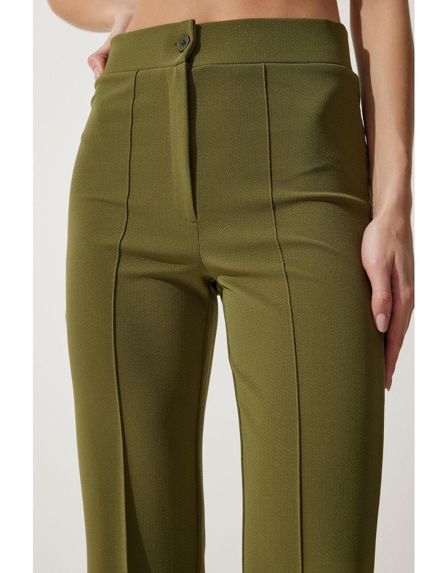 Women's Khaki High Waist Lycra Casual Knitted Trousers - 4