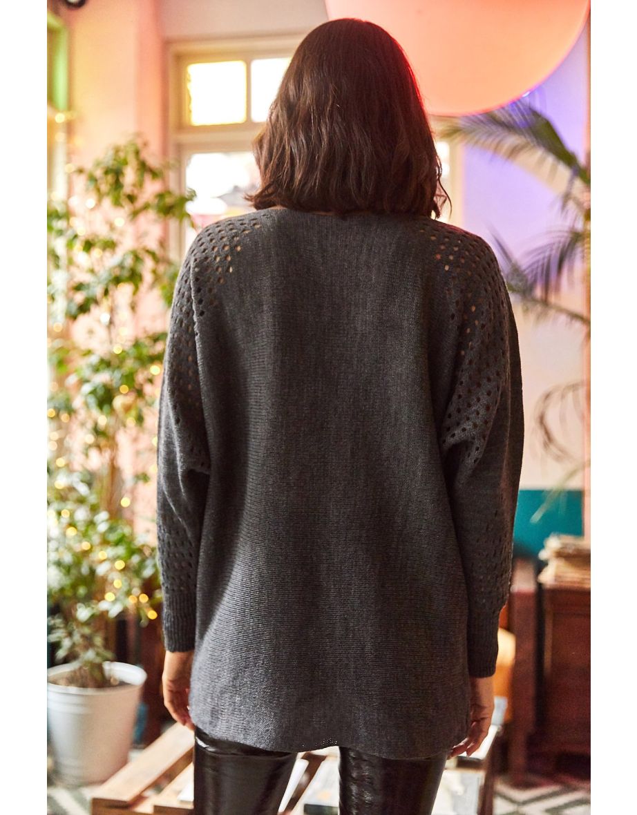 Women's Anthracite Openwork Bateau Oversized Knitwear Sweater - 3