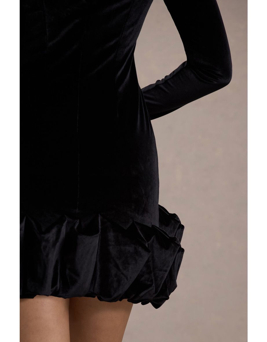 Claudine | Black Velvet High-Neck Long-Sleeved Ruffled Mini Dress - 5