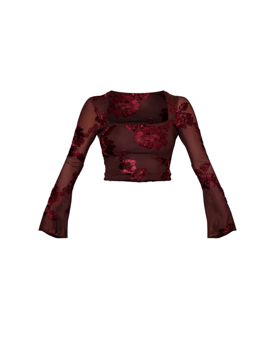 Burgundy Mesh Floral Applique Detail Cut Out Top - 4