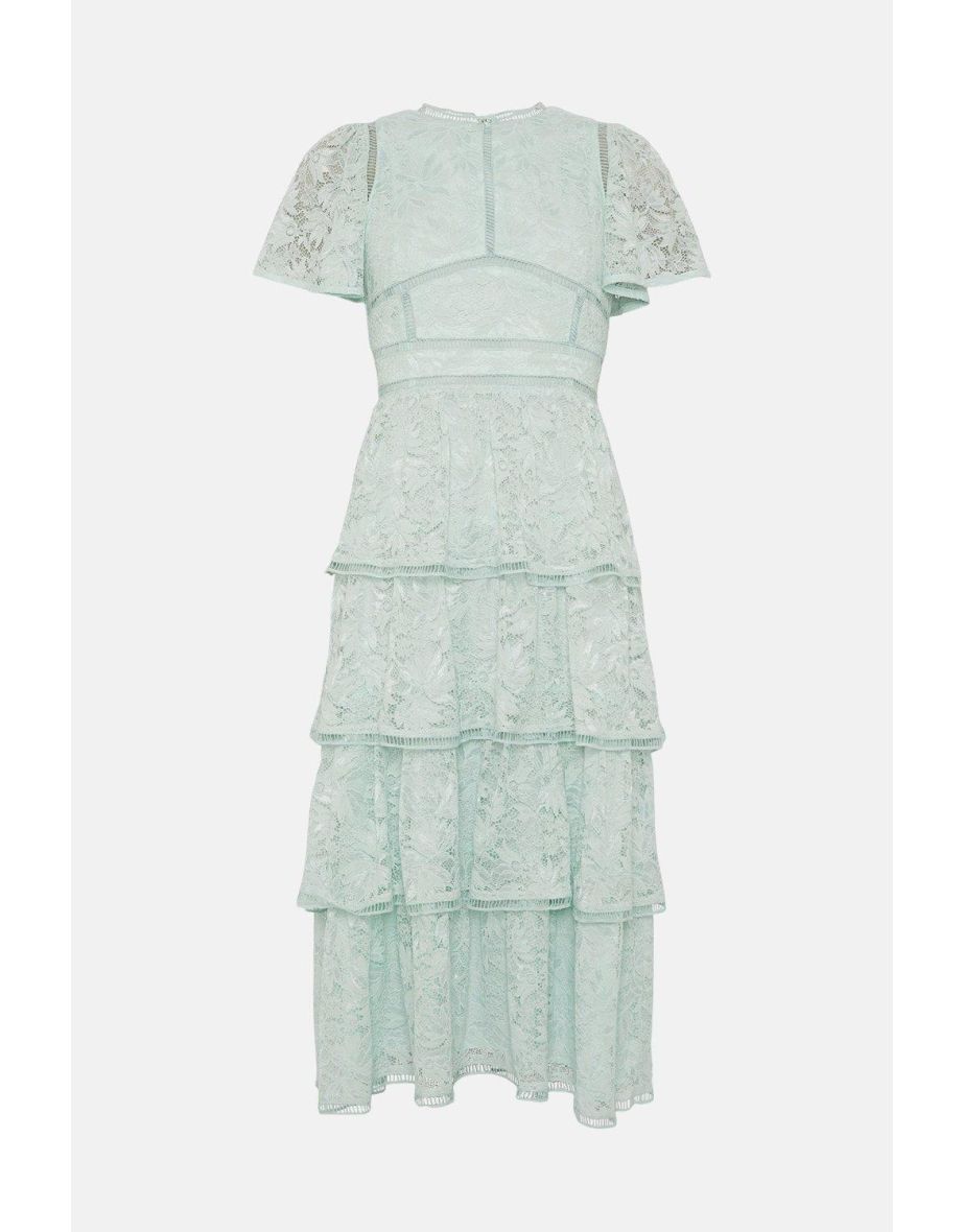 Tiered Lace Dress With Flutter Sleeve & Trims - 3