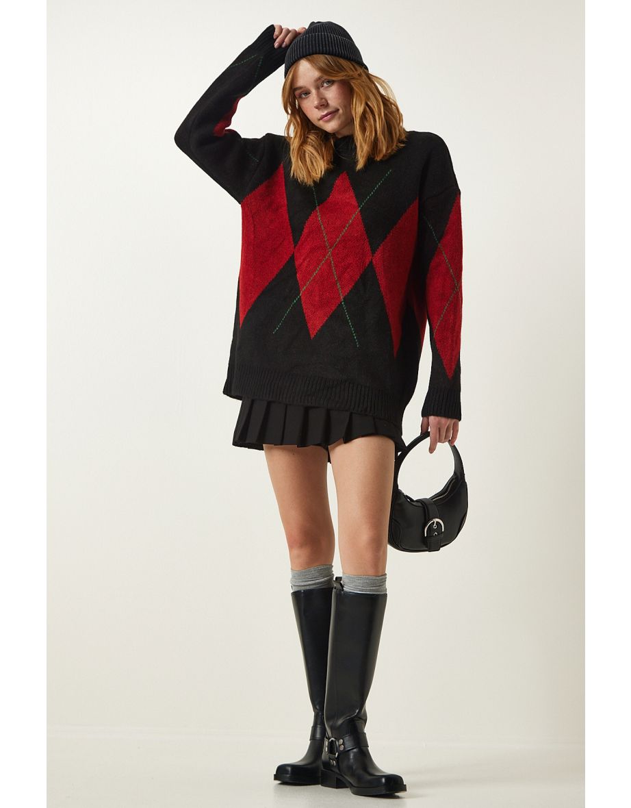 Black Red Premium Diamond Pattern Oversize Knitwear Sweater