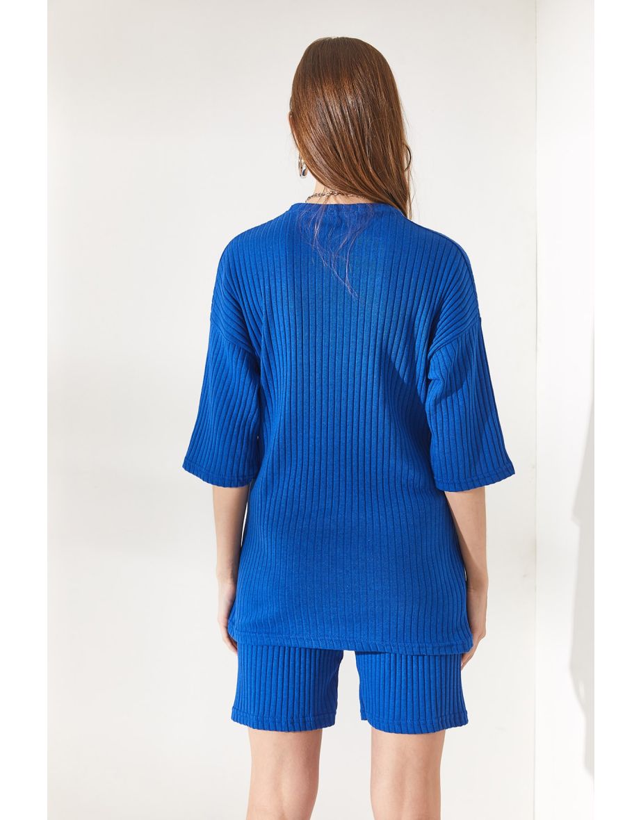 Women's Saxon Blue Bottom Short Leggings Top Loose Blouse Set - 5