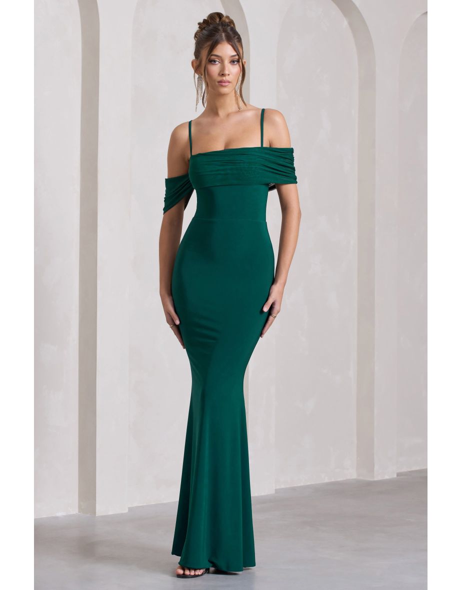 Miracle | Bottle Green Strappy Mesh Bardot Maxi Dress