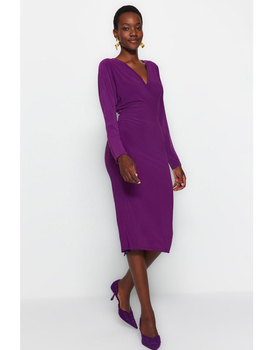 Purple Column Midi Evening Dress with Long Sleeves