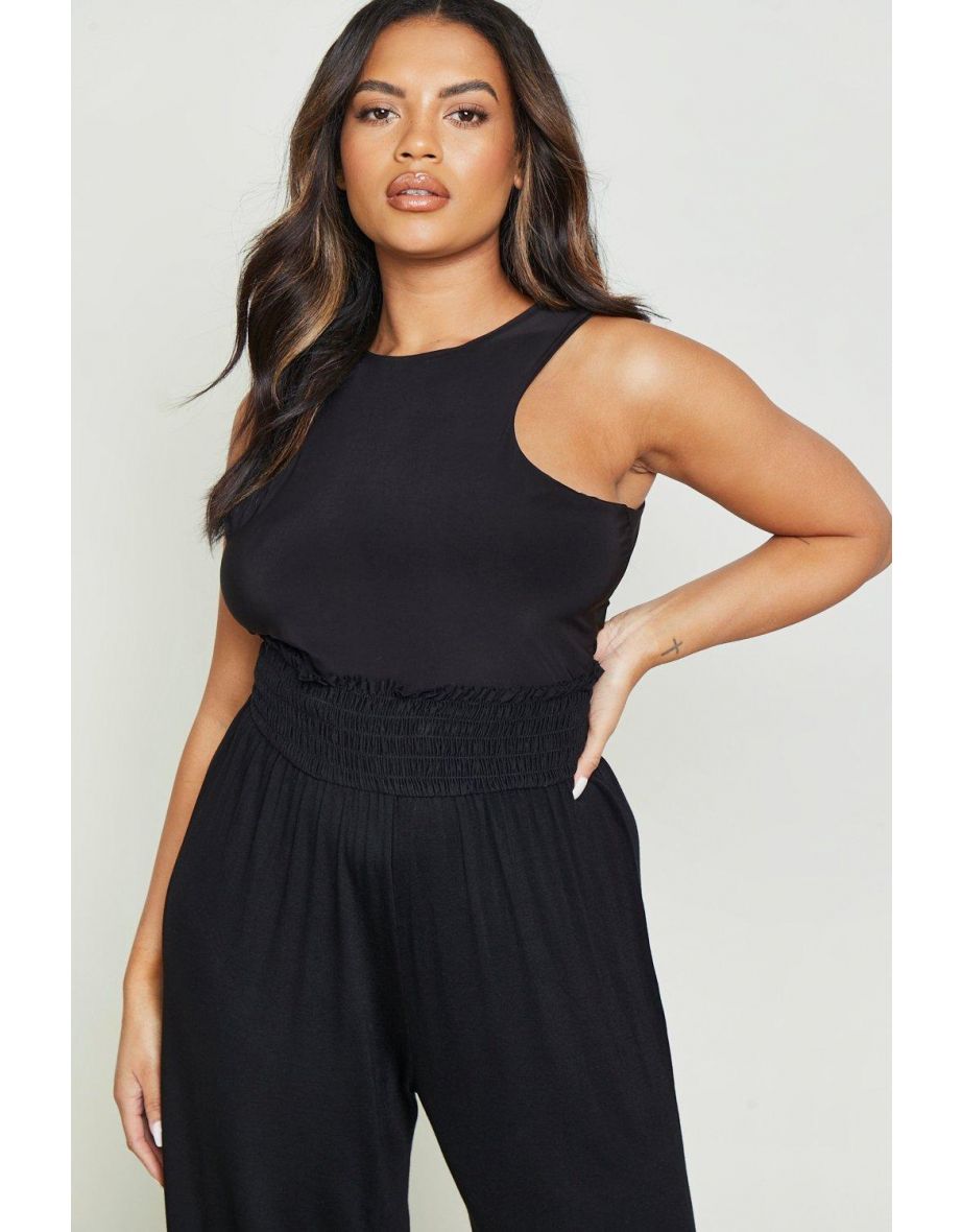 Plus Shirred Waist Jersey Wide Leg Trouser - black - 3