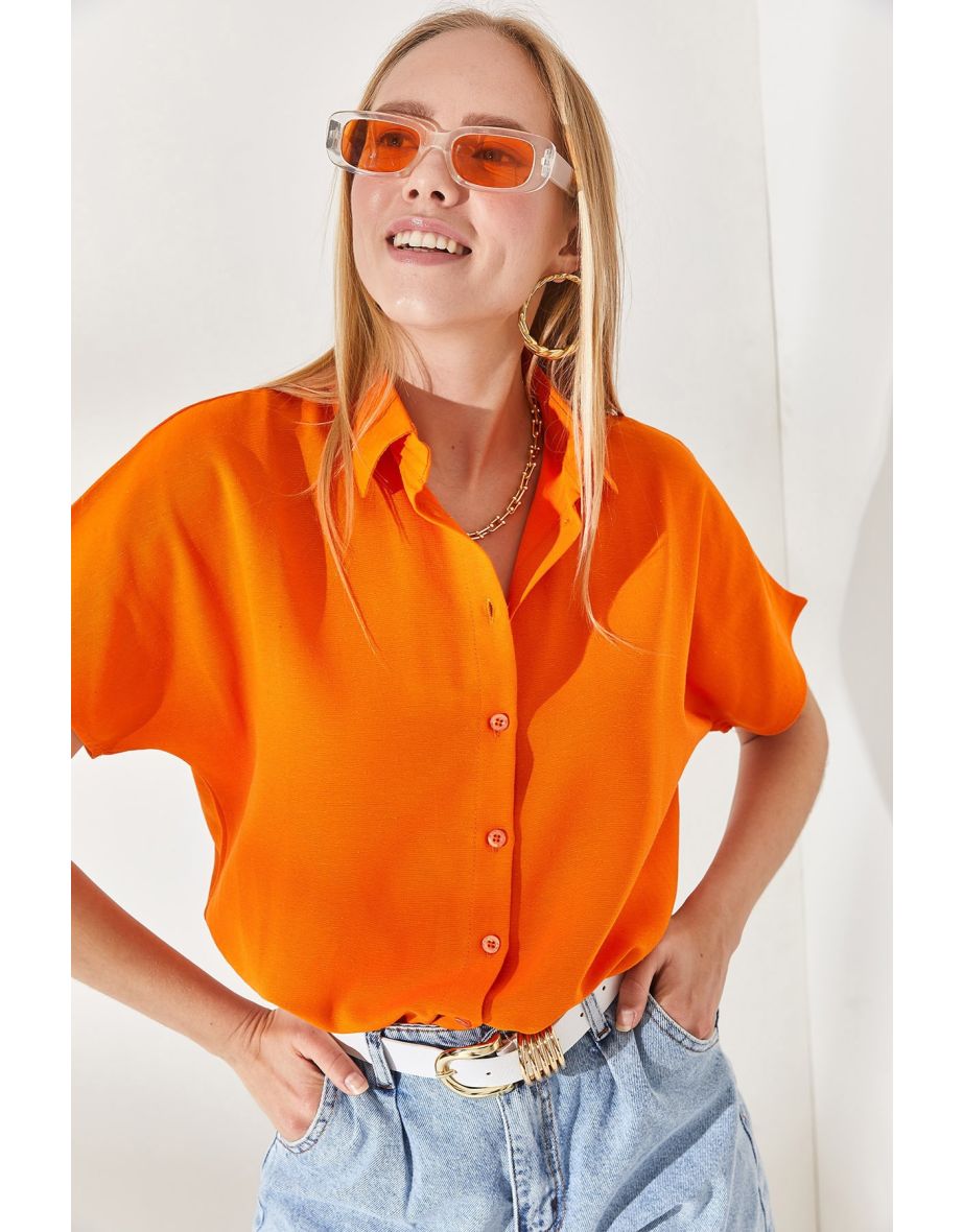 Women's Orange Bat Oversize Linen Shirt