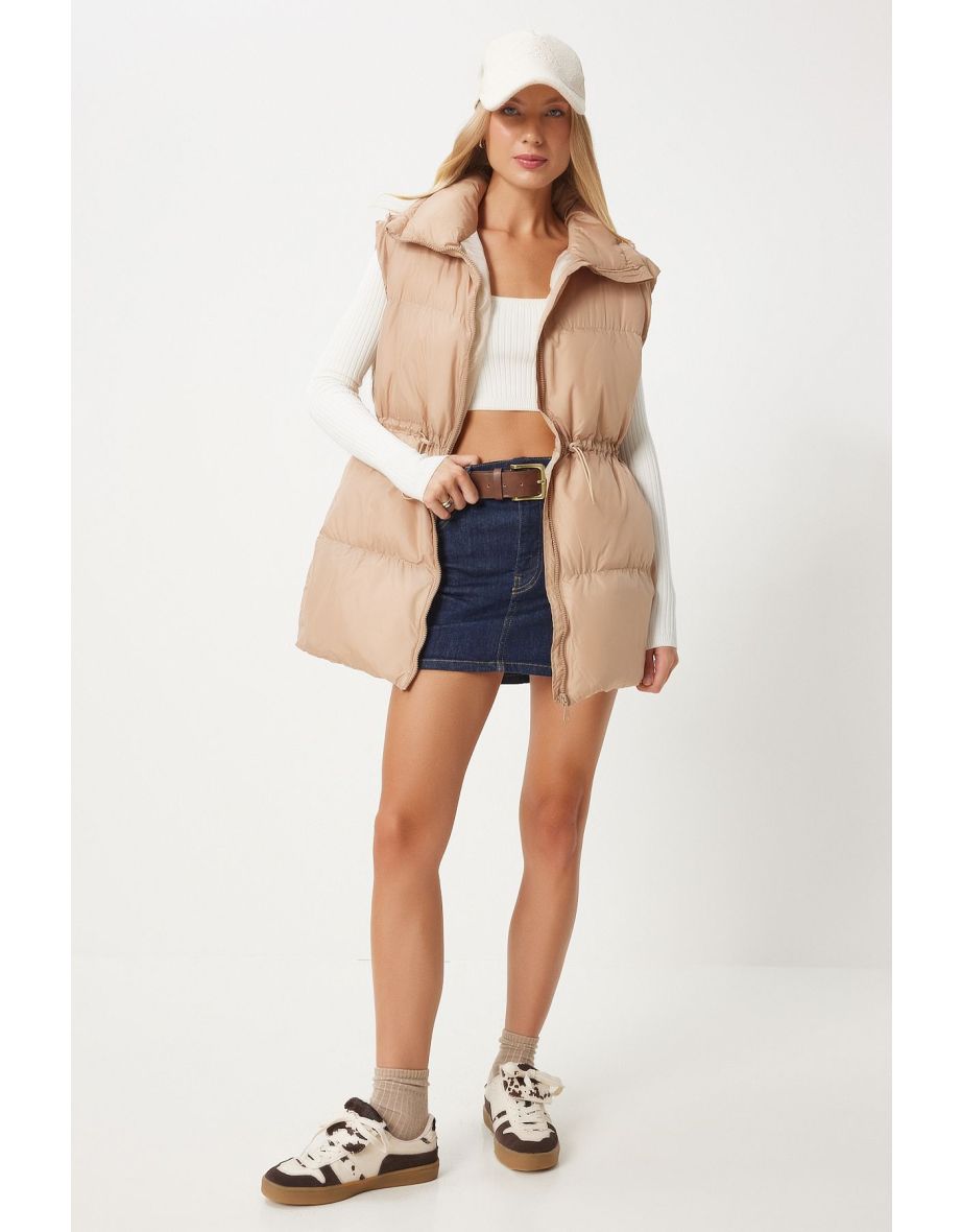 Women's Beige Waist Drawstring Puffer Vest