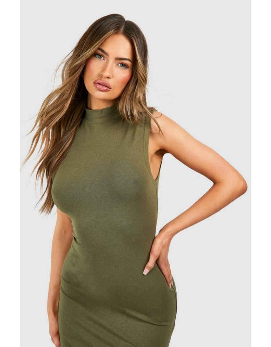 Premium Super Soft High Neck Bodycon Maxi Dress - khaki - 3